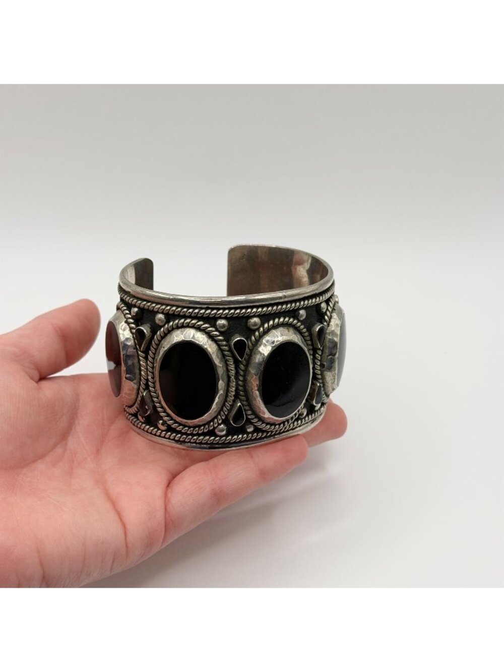 Mexico Sterling Silver Cuff Bracelet With Black Onyx Stones